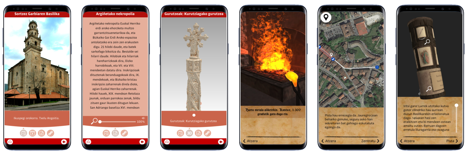 Pantallas de la guía virtual de Elorrio con monumentos, recreaciones 3D, juegos y rutas GPS.
