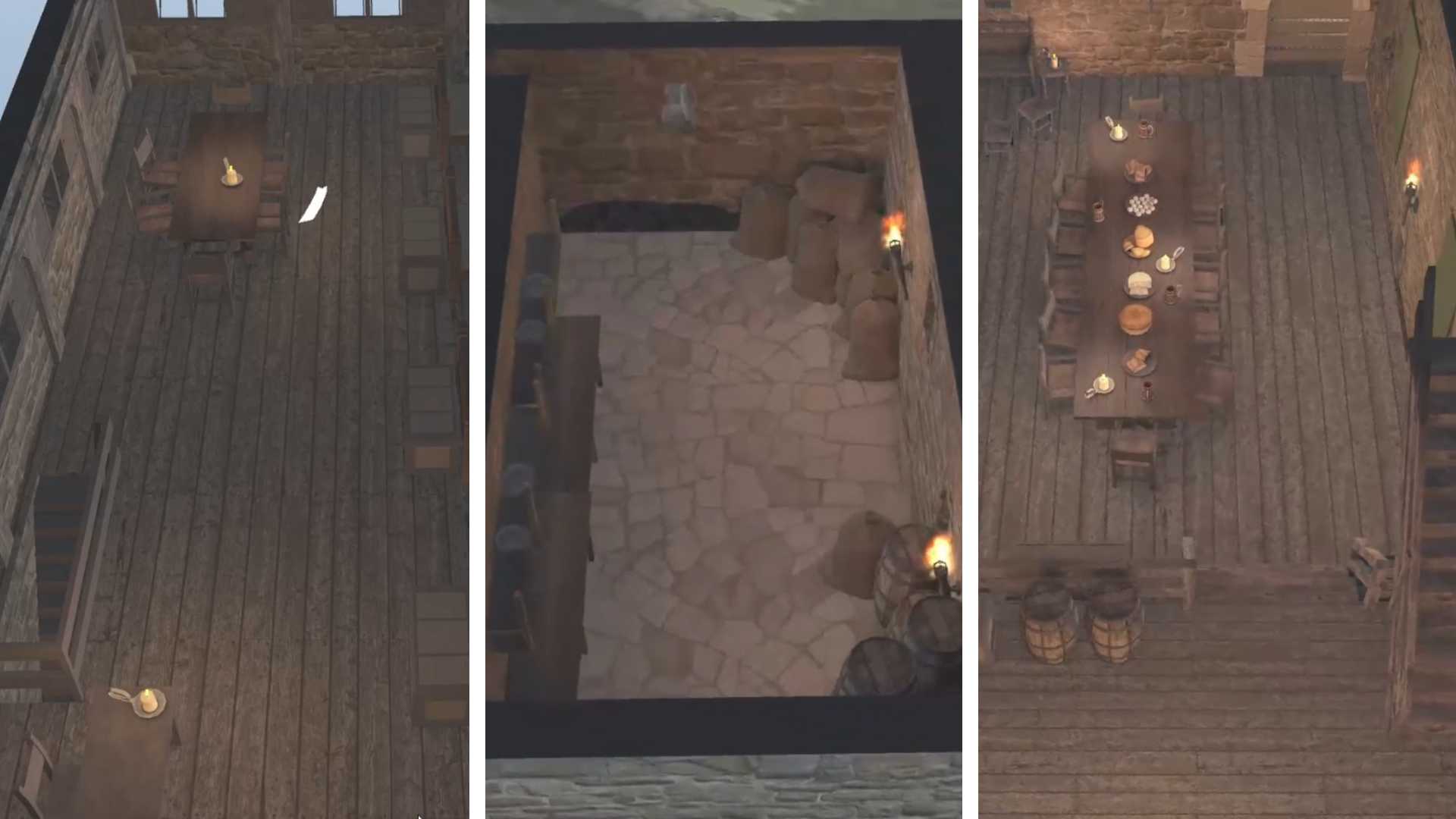 Tres vistas superiores de la reconstrucción 3D del interior medieval de la casa torre de Etxaburu.