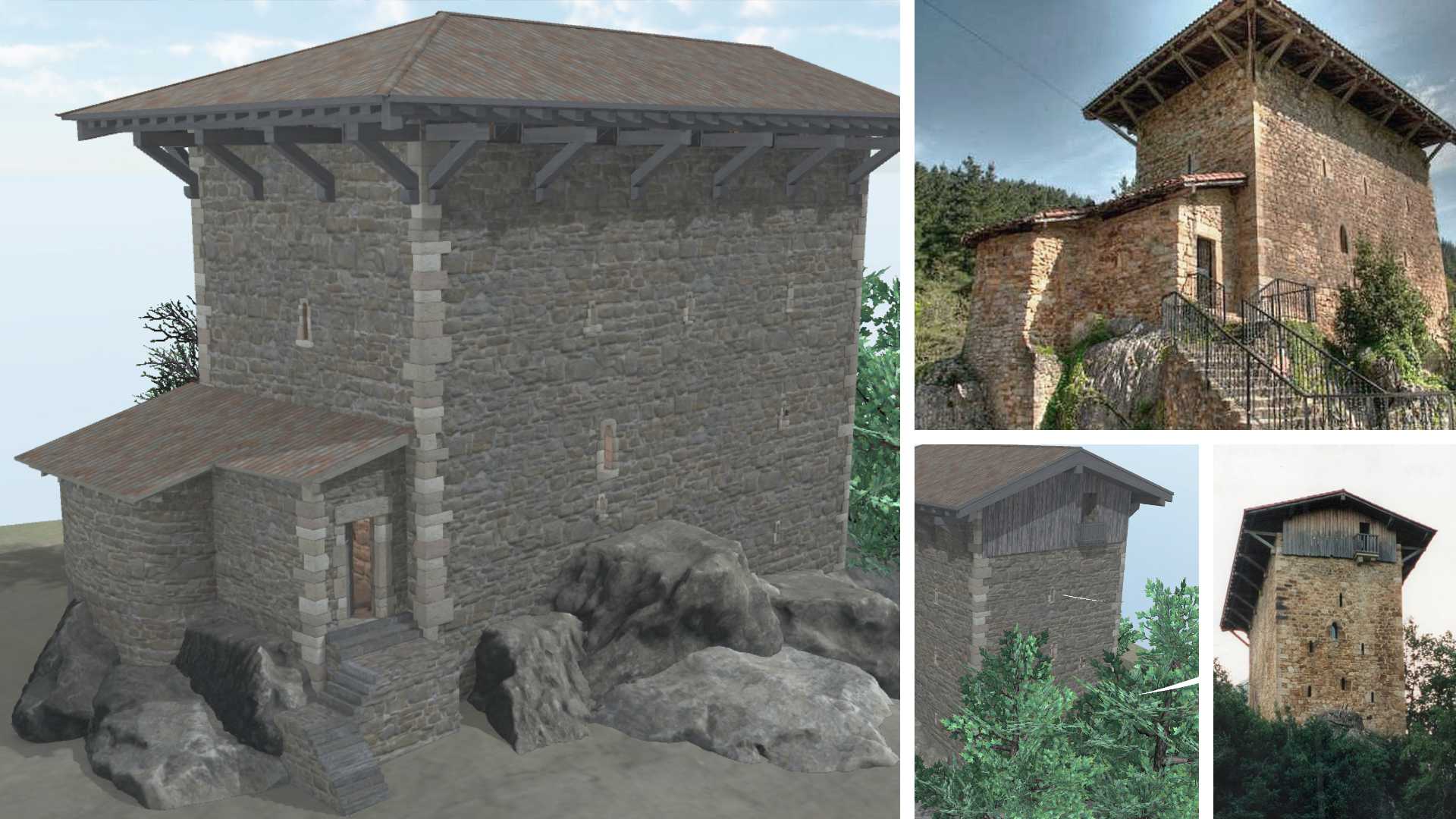 Comparativa de la reconstrucción 3D de la casa torre de Etxaburu con fotografías del edificio real.