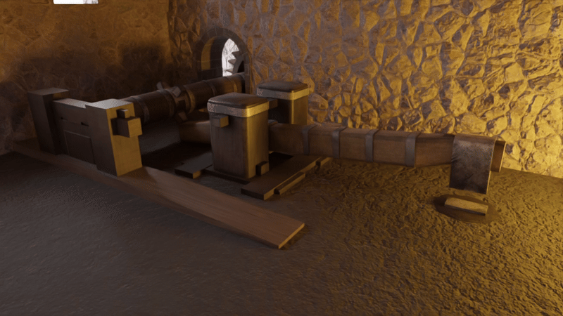 Recreación 3D animada de la maquinaria de sopladores de una ferrería del siglo XVIII.