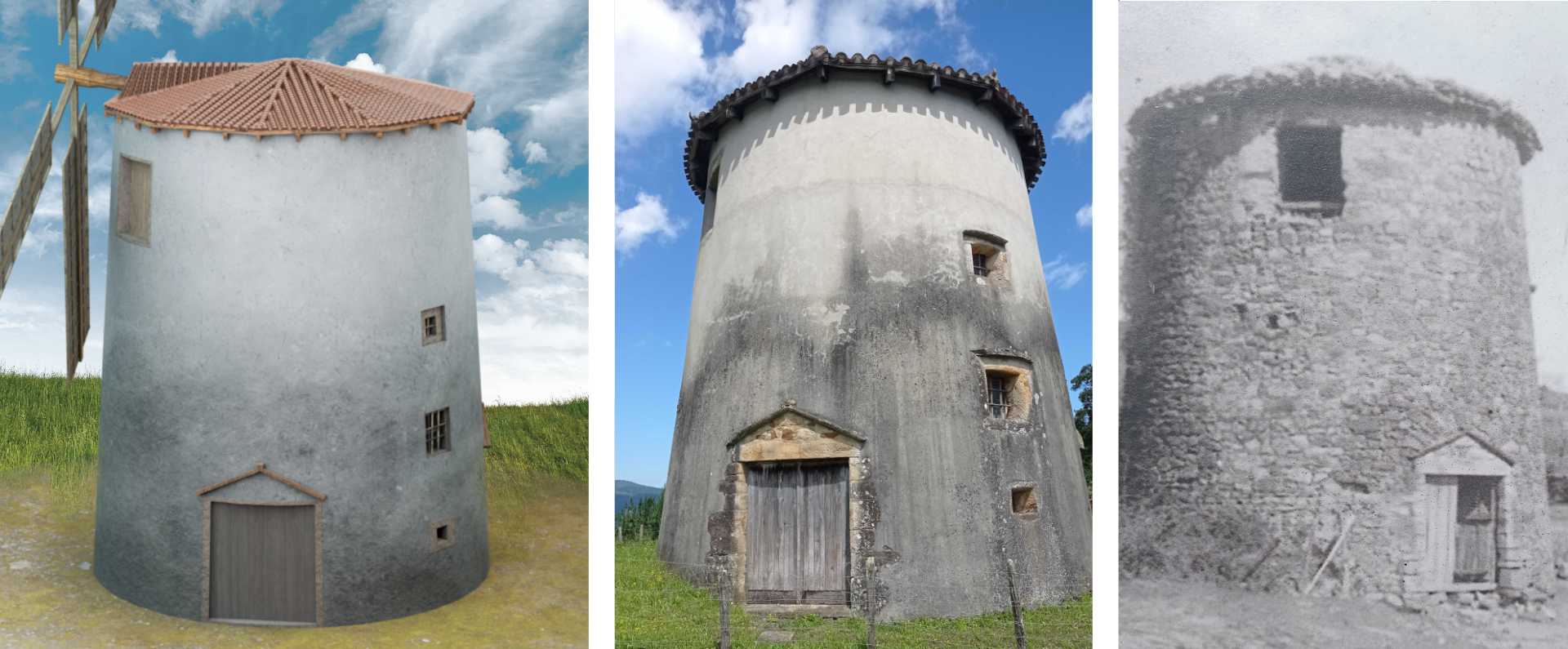 Comparativa de la reconstrucción 3D del molino de viento de Larringan con una fotografía actual y otra histórica.