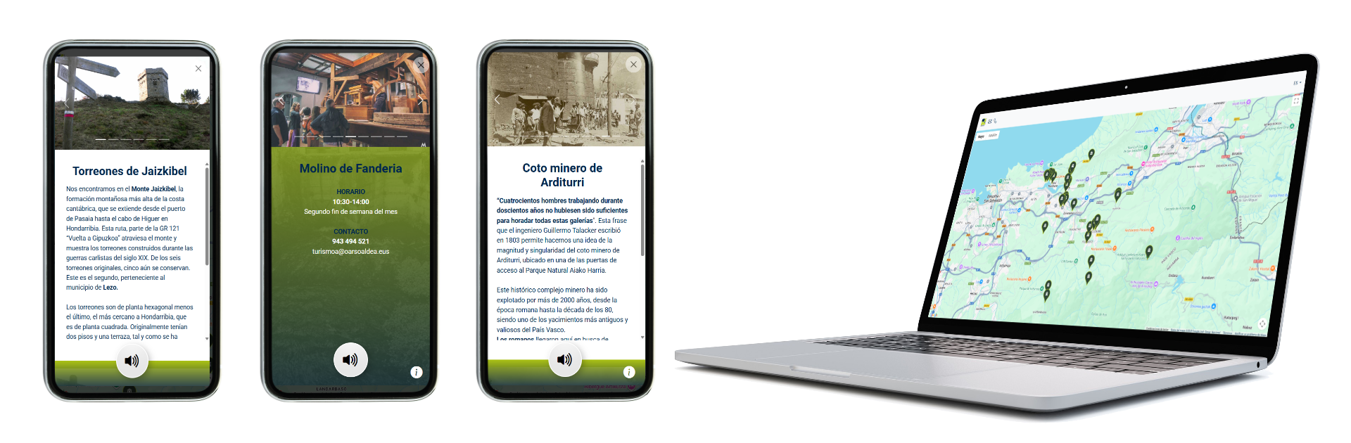 Aplicación Cicerone mostrada en tres móviles y un portátil con contenidos turísticos y un mapa interactivo.