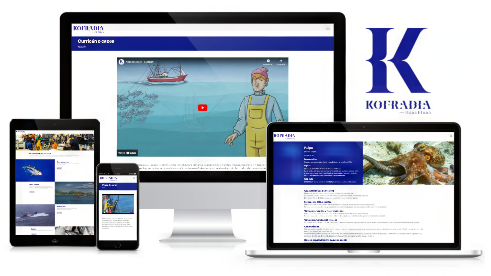 Web multiplataforma de Kofradia-Itsas Etxea mostrada en ordenador, portátil, tableta y móvil.